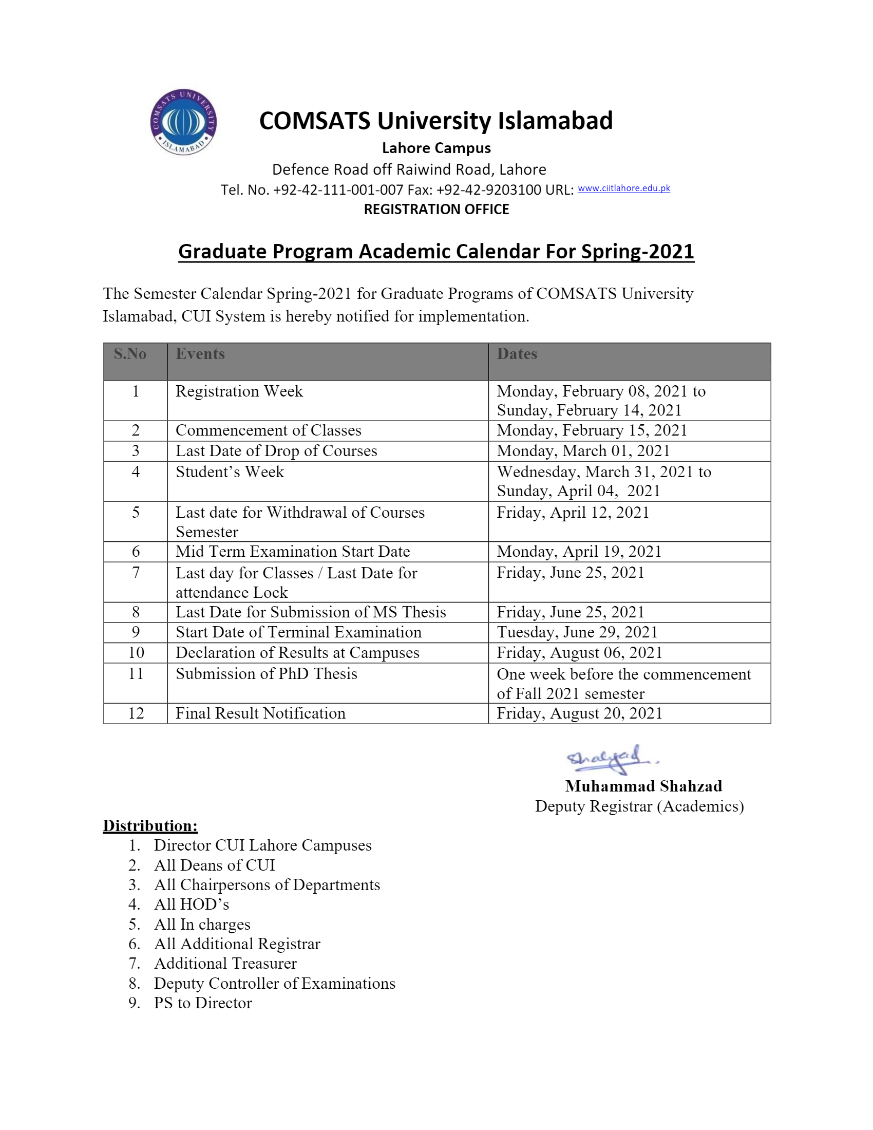 Academic Calendar COMSATS University Islamabad, Lahore Campus