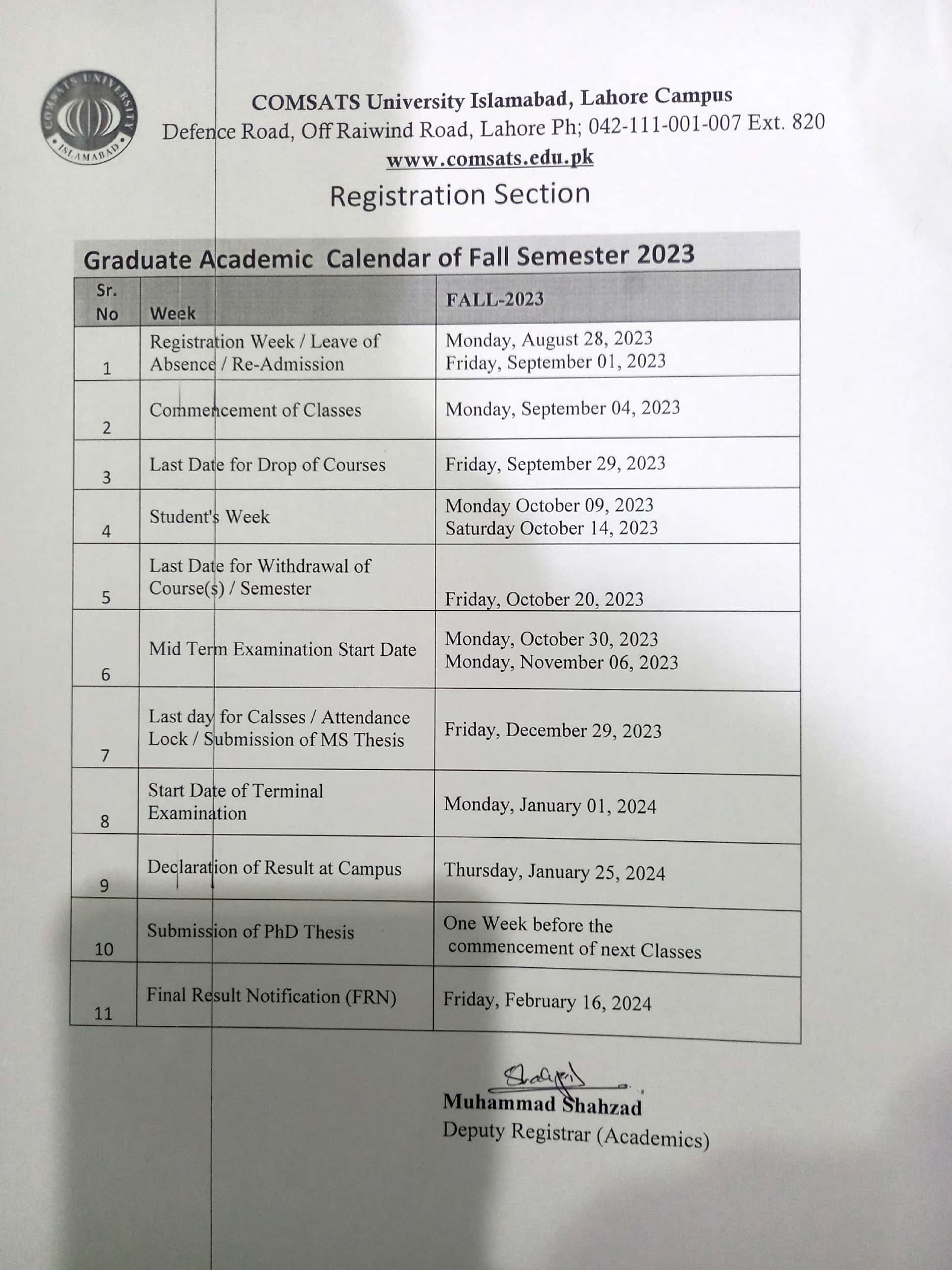 Academic Calendar COMSATS University Islamabad, Lahore Campus