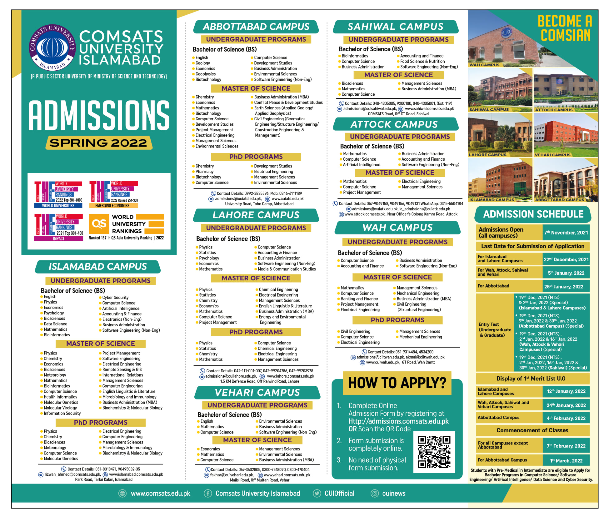 Admissions Spring 2022 Open In COMSATS University For BS MS PhD