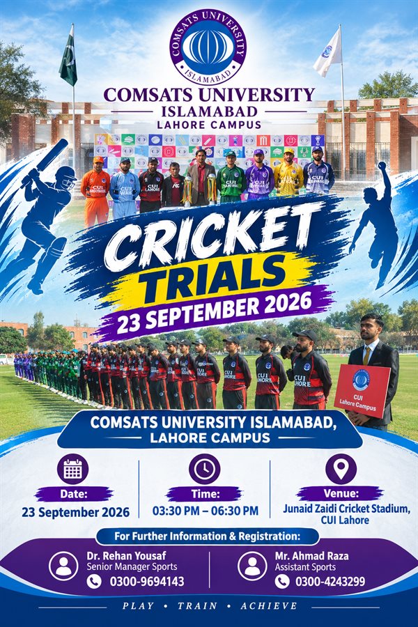 Cricket Trials 2026 poster for CUI Lahore: 23 September 2026, 3:30 pm to 6:30 pm at the Junaid Zaidi Cricket Stadium