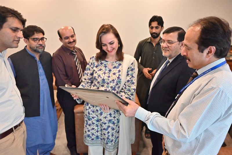 Colleagues looking over the framed photograph