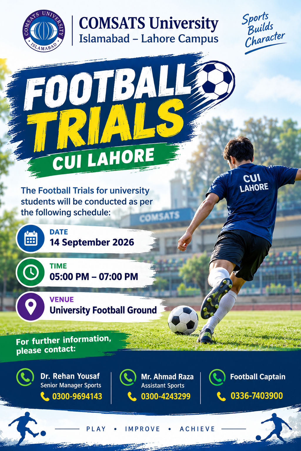 Football Trials poster for CUI Lahore: 14 September 2026, 5:00 pm to 7:00 pm at the University Football Ground