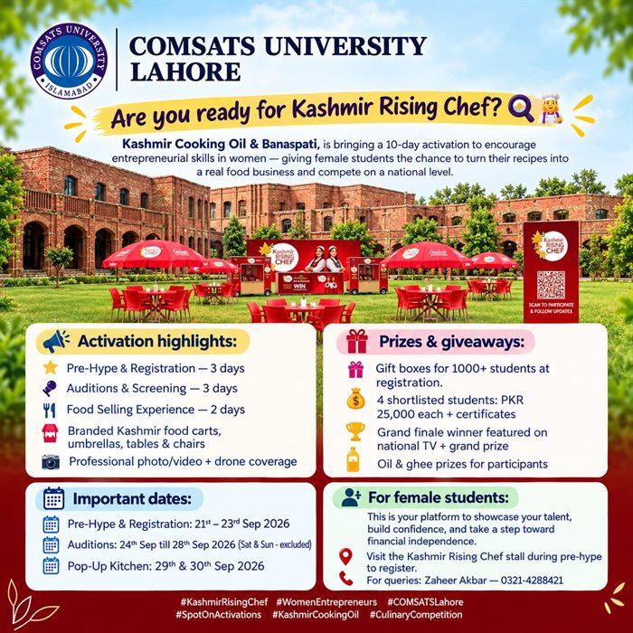 Kashmir Rising Chef poster for CUI Lahore: a ten day activation from 21 to 30 September 2026 at the Student Services Centre