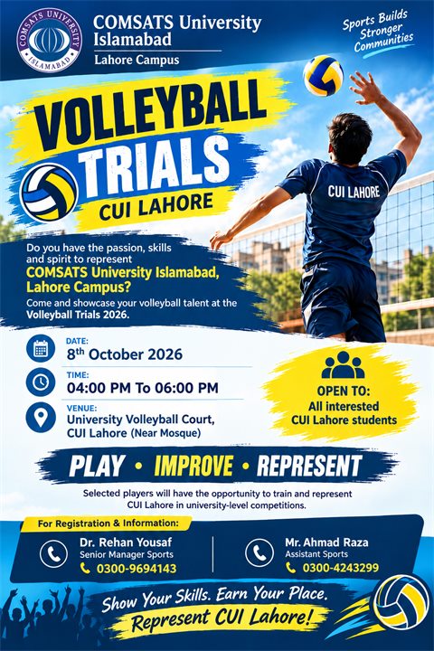 Volleyball Trials 2026 poster for CUI Lahore: 8 October 2026, 4:00 pm to 6:00 pm at the University Volleyball Court near the Mosque