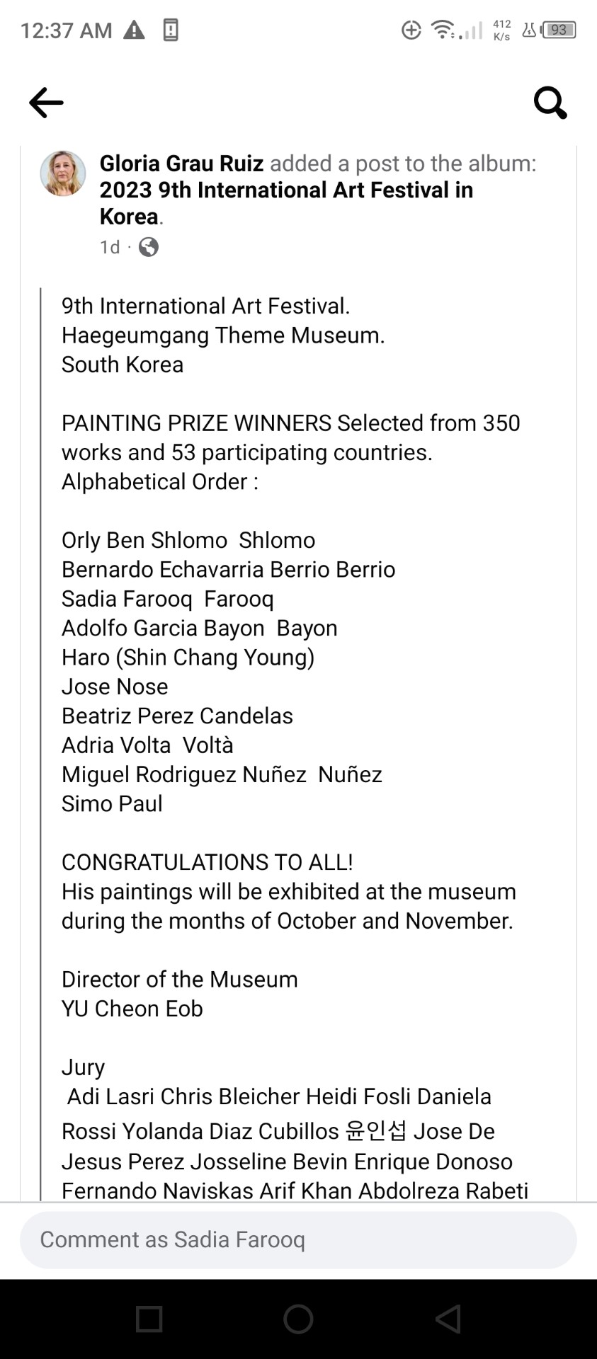 Ms. Sadia Farooq Conferred with an 'Excellence Award' at the 9th International Art Festival 'Life is Art', South Korea