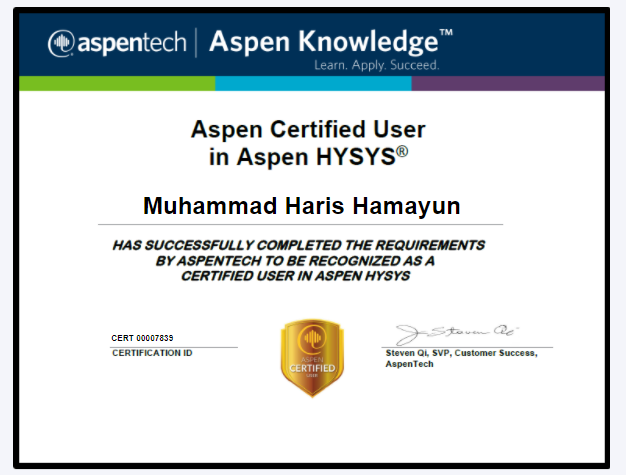 Faculty Spotlight: Dr. Haris Certified in Aspen HYSYS