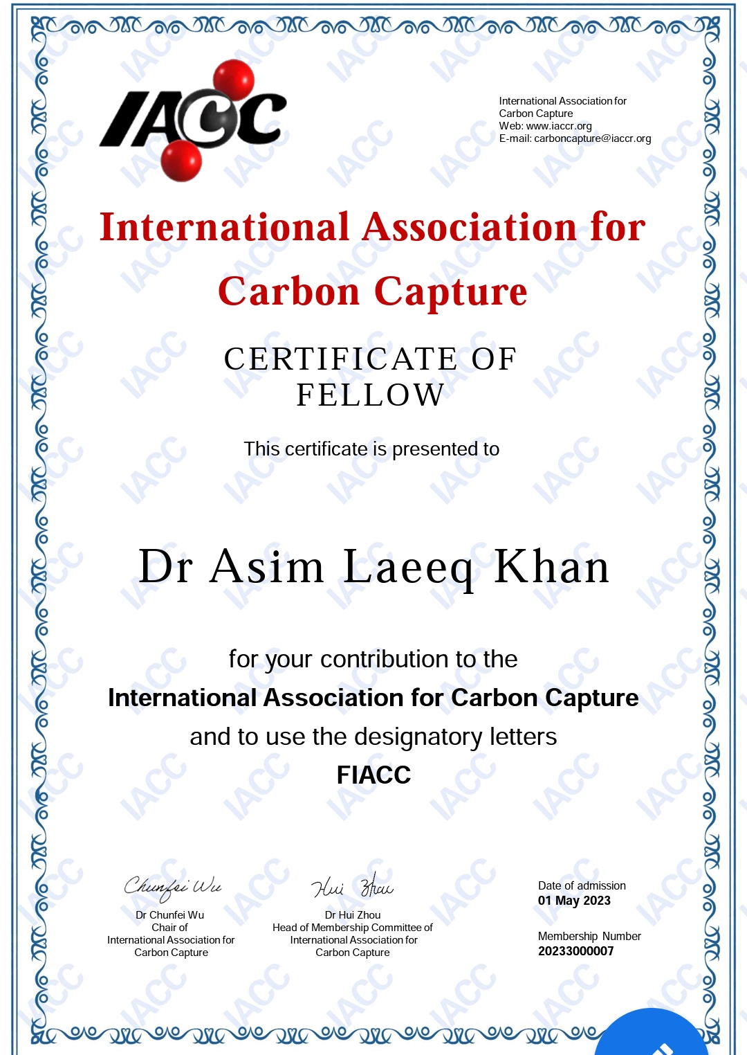 Dr. Asim Laeeq Khan Honored with Prestigious Fellowship by International Association of Carbon Capture