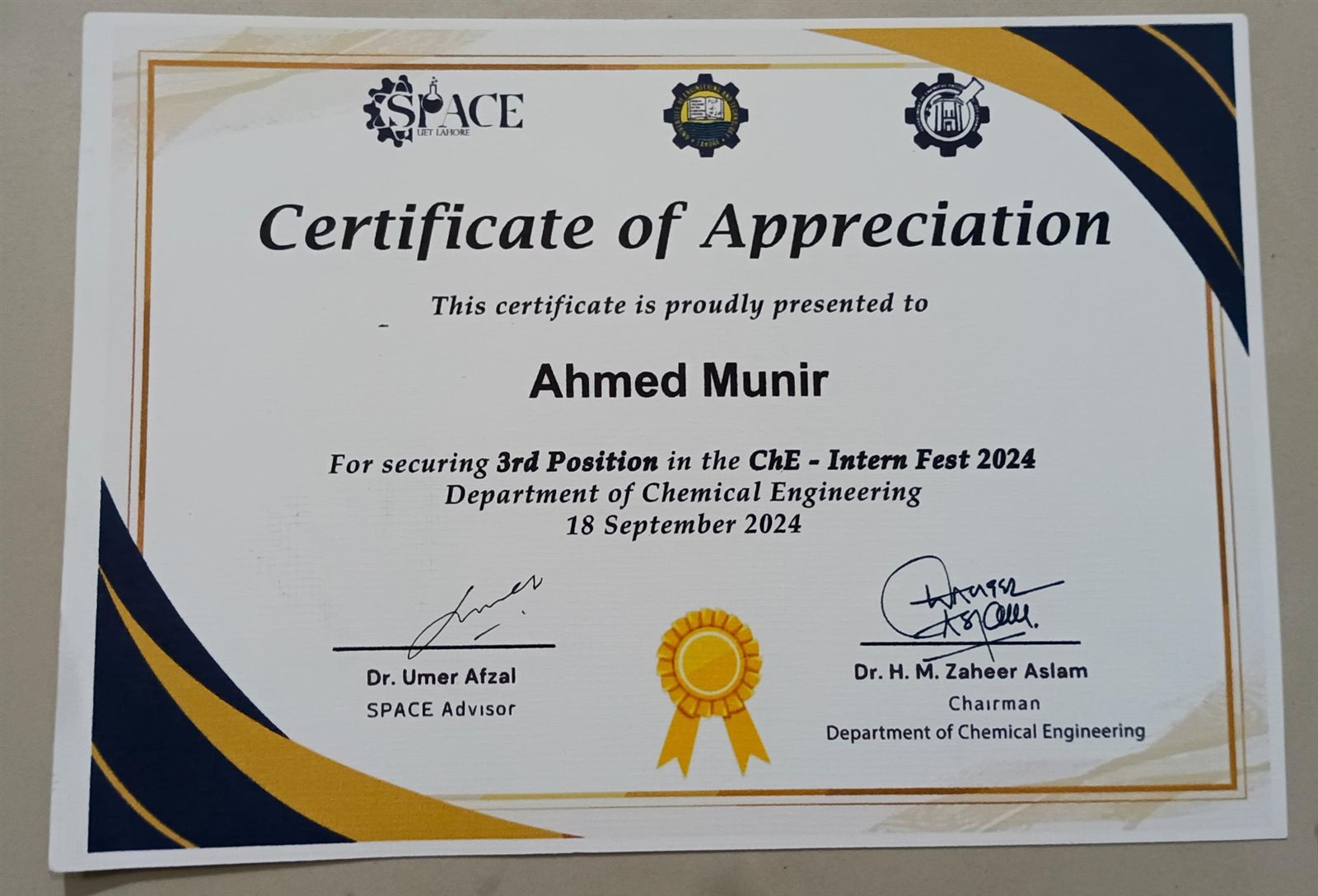Celebrating Achievement: Muhammad Ahmed Munir Wins 3rd Place in ChE - Intern Fest 2024