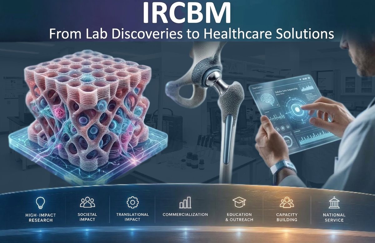 IRCBM - From Lab Discoveries to Healthcare Solutions: a 3D-printed tissue scaffold, a hip implant and a researcher reviewing diagnostic data, above the Centre's areas of strength